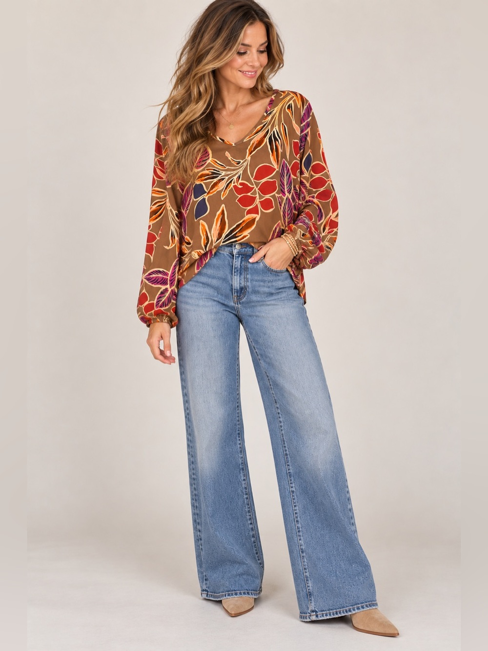Lovely Melody Brown Floral V-Neck Long Sleeve Boho Top Purple Orange M